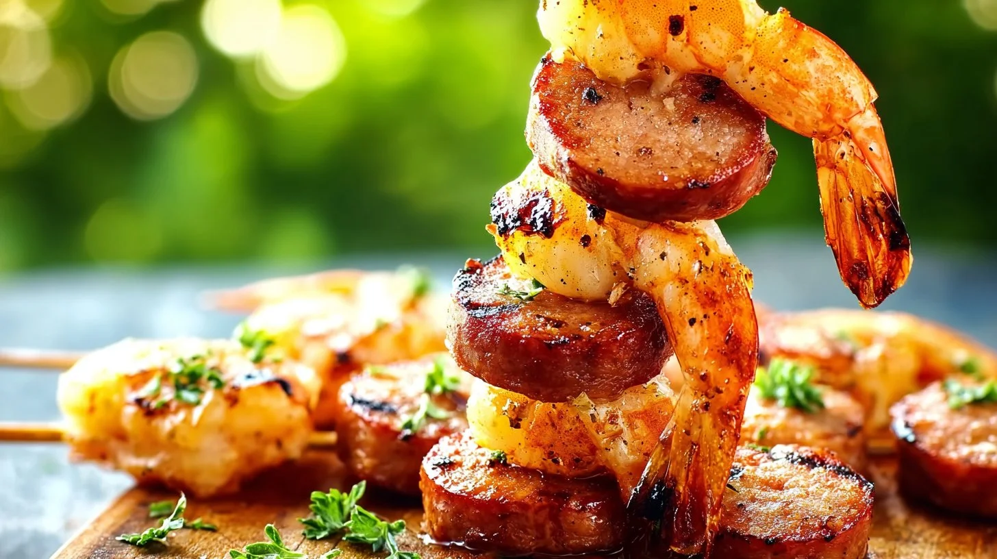 Sausage and shrimp kebabs grilled to perfection, showcasing vibrant colors and appealing presentation.