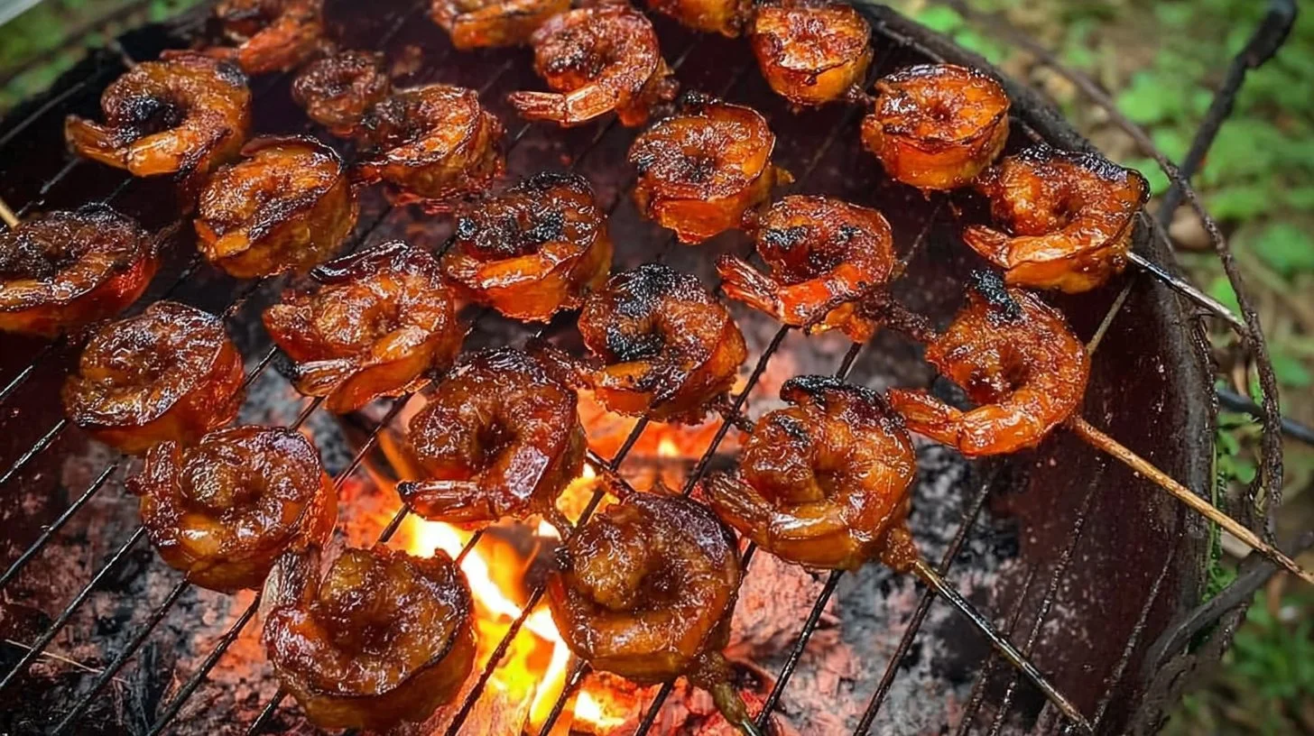 Shrimp and sausage skewers on a grill, ready to enjoy
