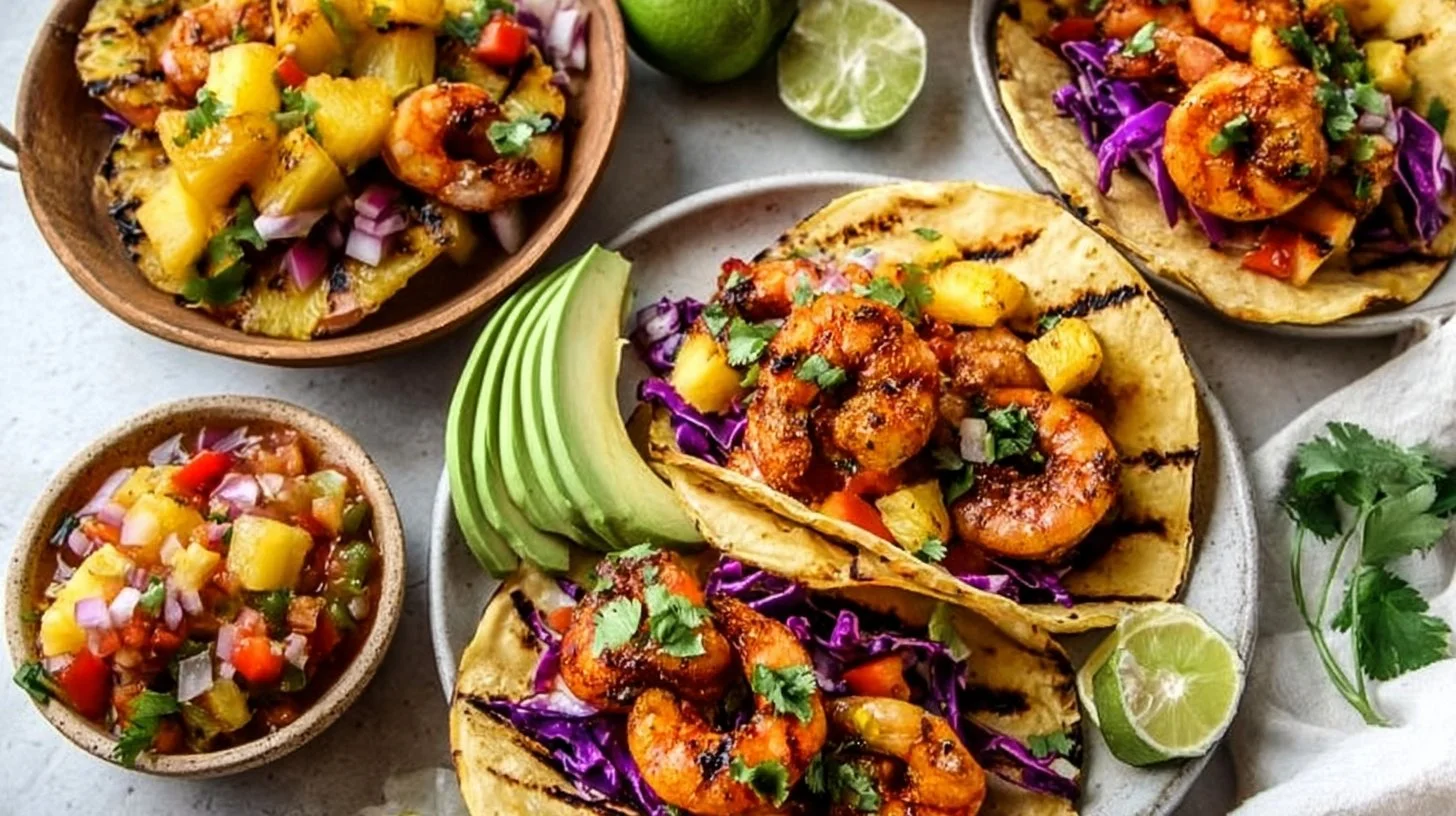 Delicious shrimp tacos topped with grilled pineapple salsa on a wooden table.