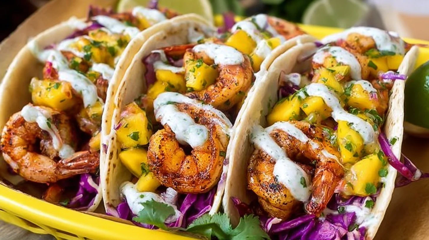 Shrimp tacos topped with vibrant mango salsa on a wooden table