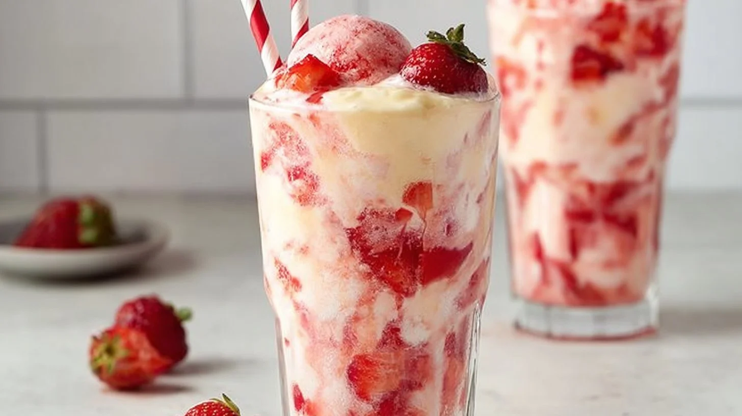 Strawberry patch ice cream soda float with whipped cream and cherries