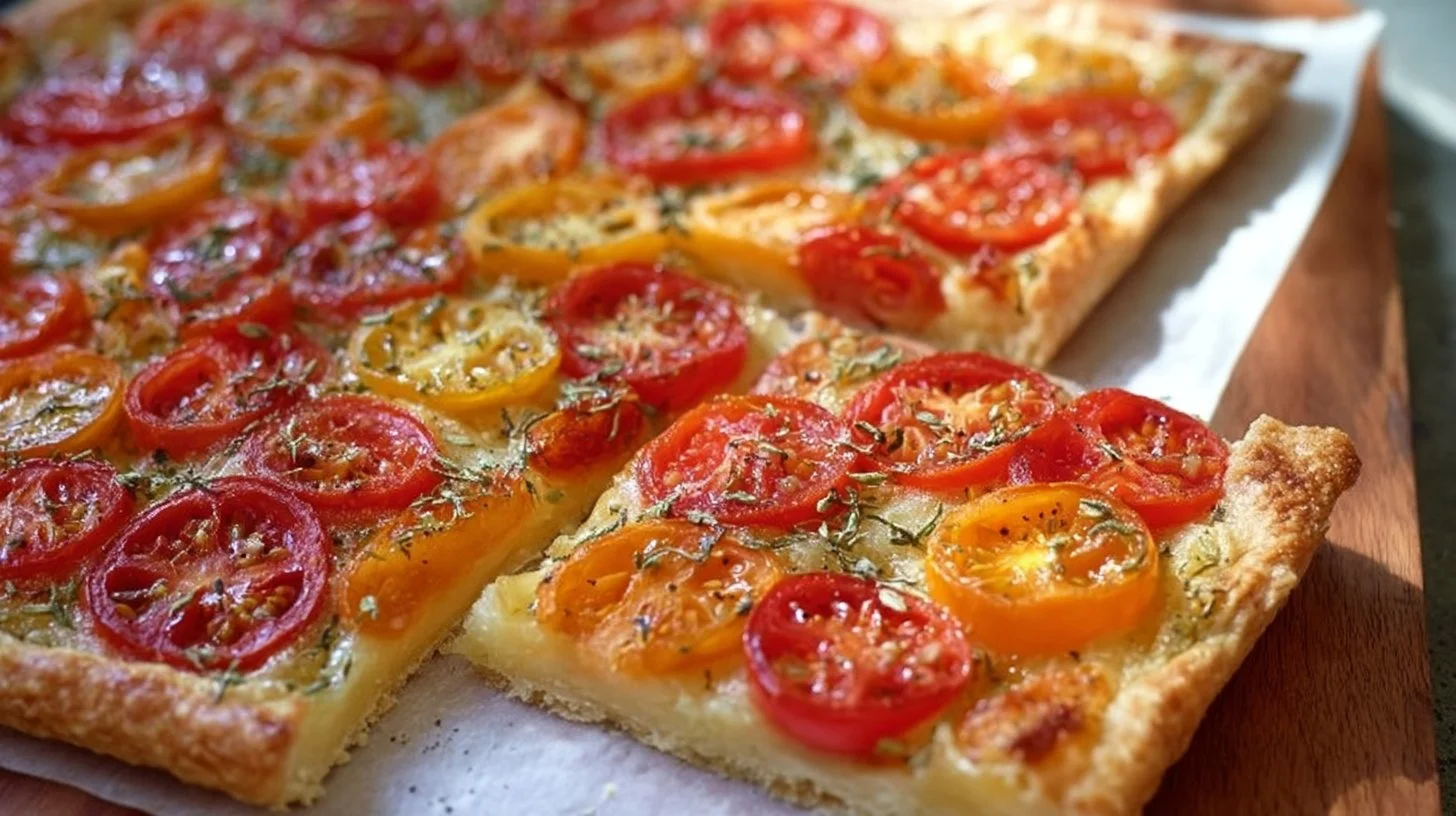Tomato and Cheese Puff Pastry Tart garnished with fresh herbs
