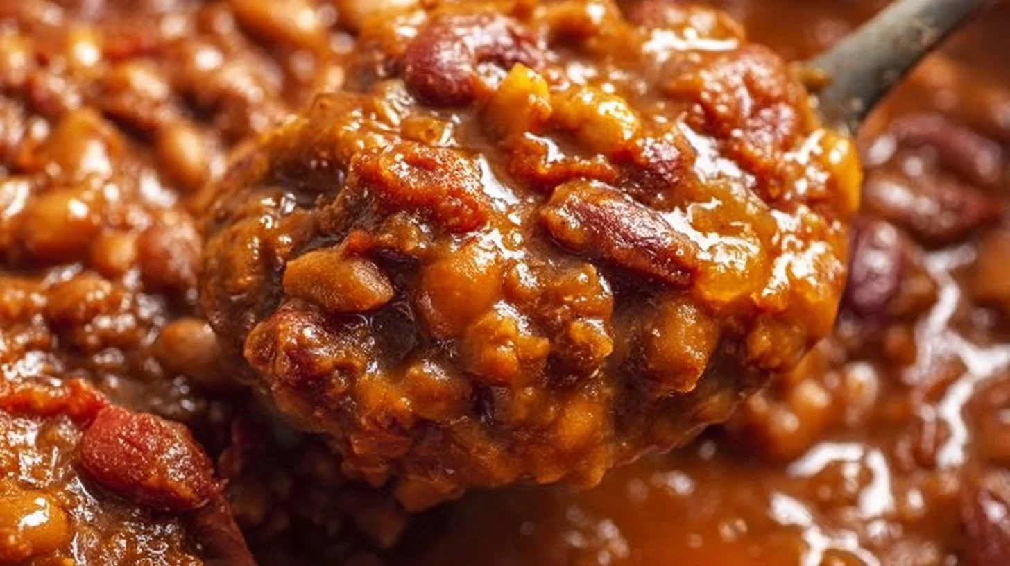 Trisha Yearwood's Baked Bean Casserole served in a dish with ingredients visible