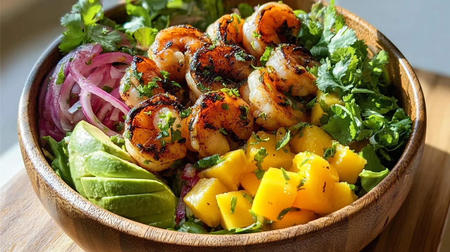 A colorful Tropical Shrimp Salad featuring shrimp, tropical fruits, and greens.