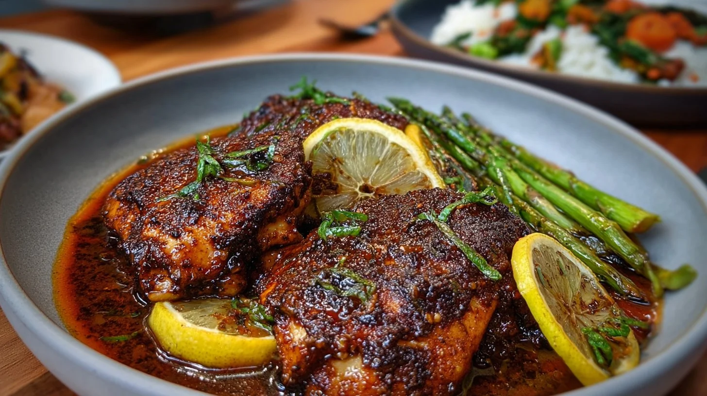 Cajun White Fish served with asparagus on a plate