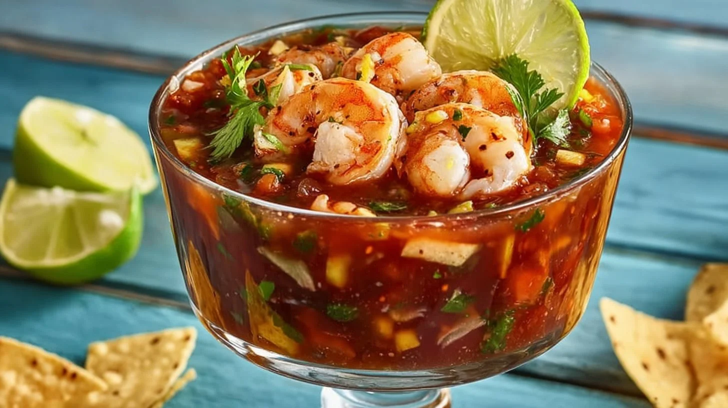 Delicious Campechana grilled Mexican shrimp cocktail served in a bowl.