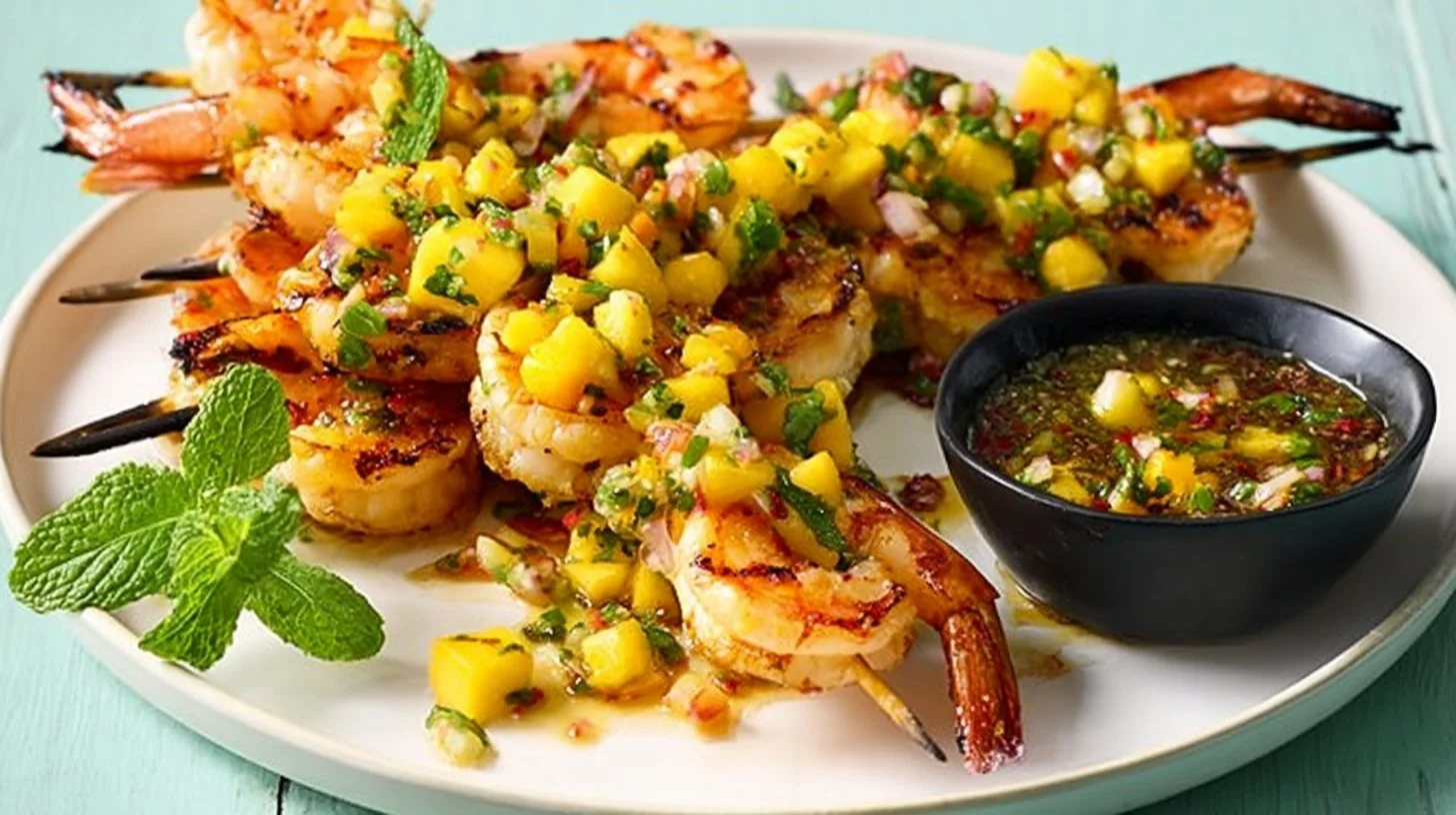 Chilli Lime Prawns served with Tangy Mango Salsa on a plate