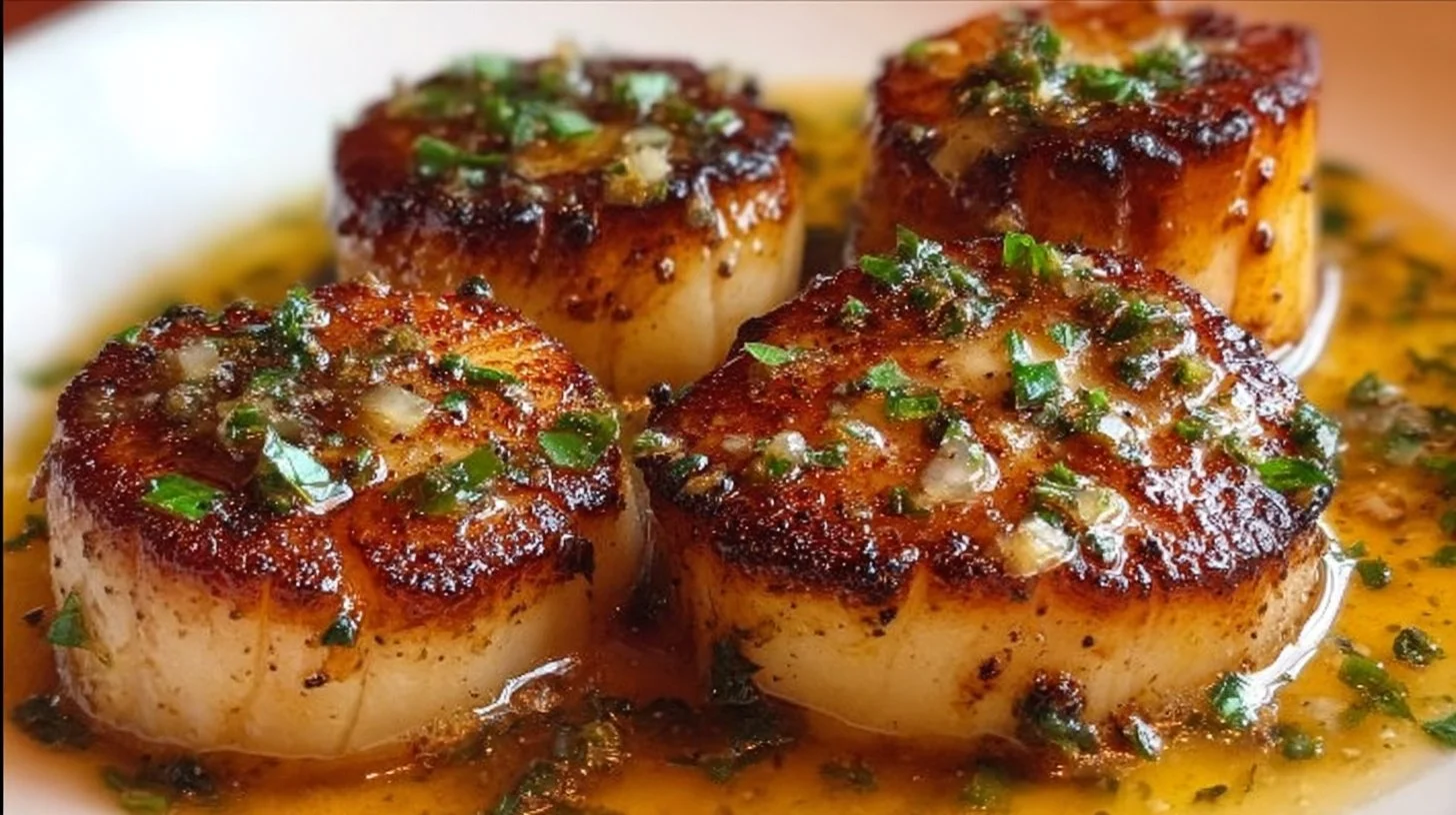 Delicious crispy pan-seared scallops garnished with herbs