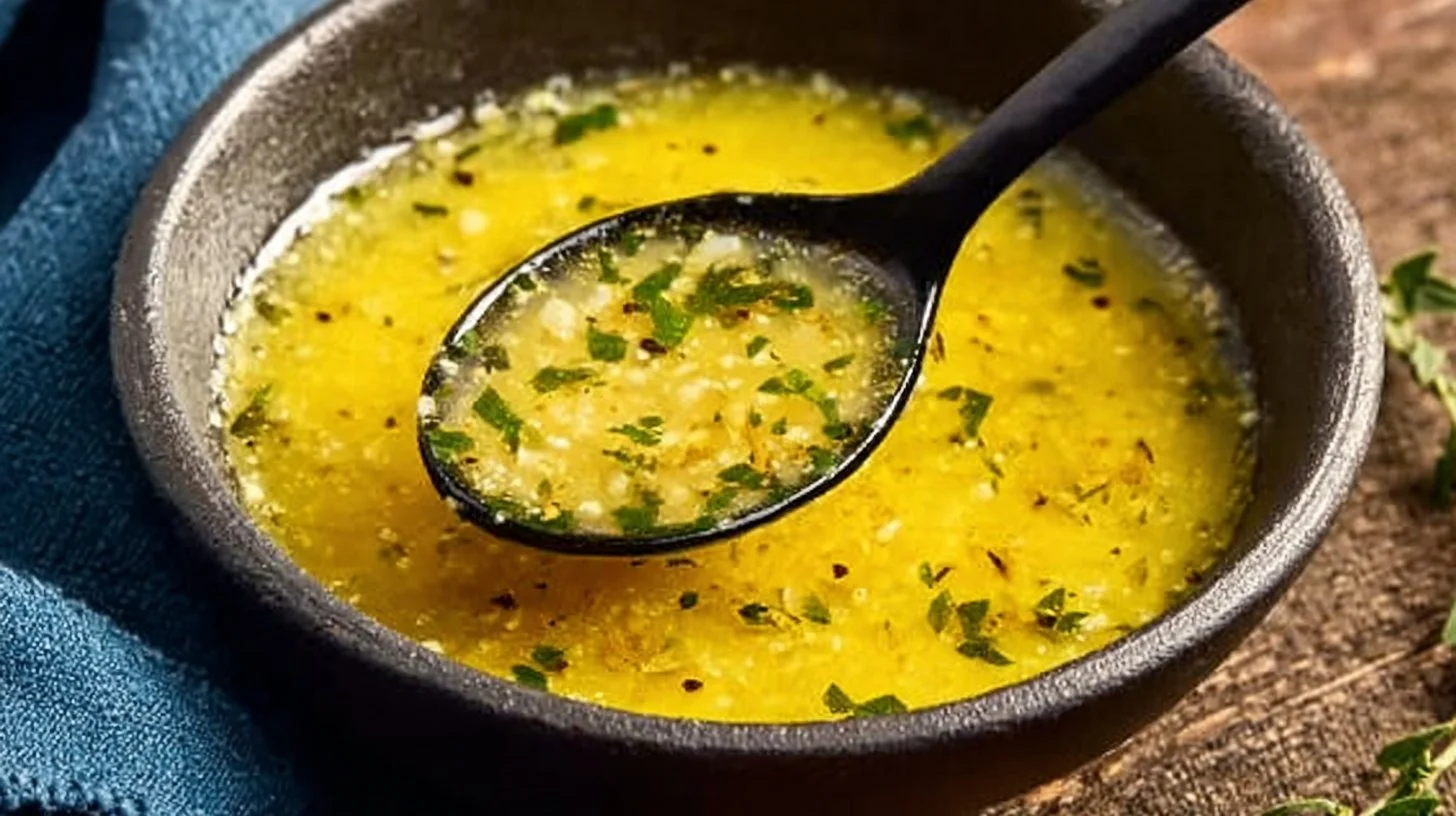 Cuban Mojo marinade in a glass bowl with fresh garlic and herbs.
