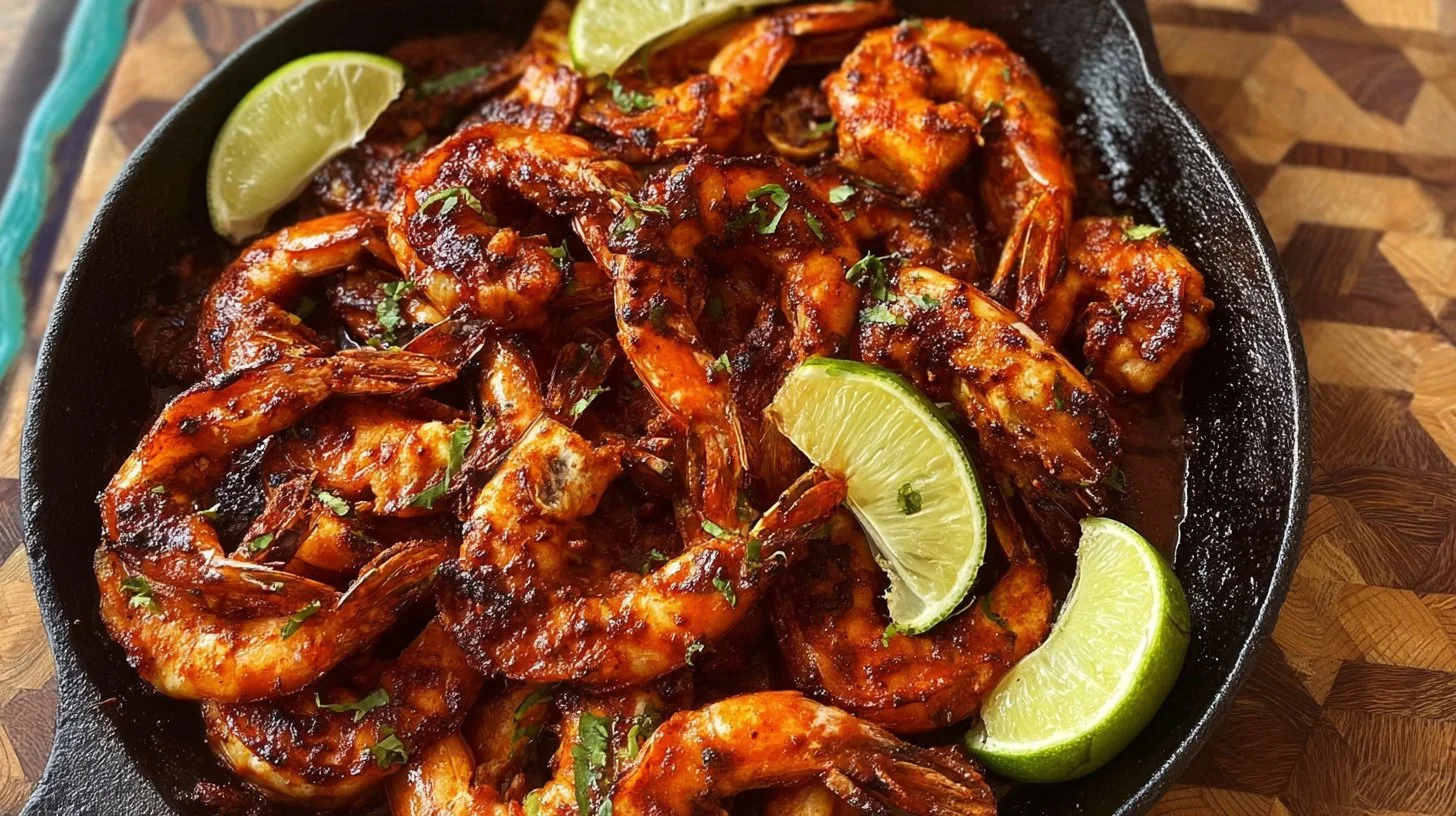 Delicious Garlic Guajillo Shrimp served on a plate with fresh herbs