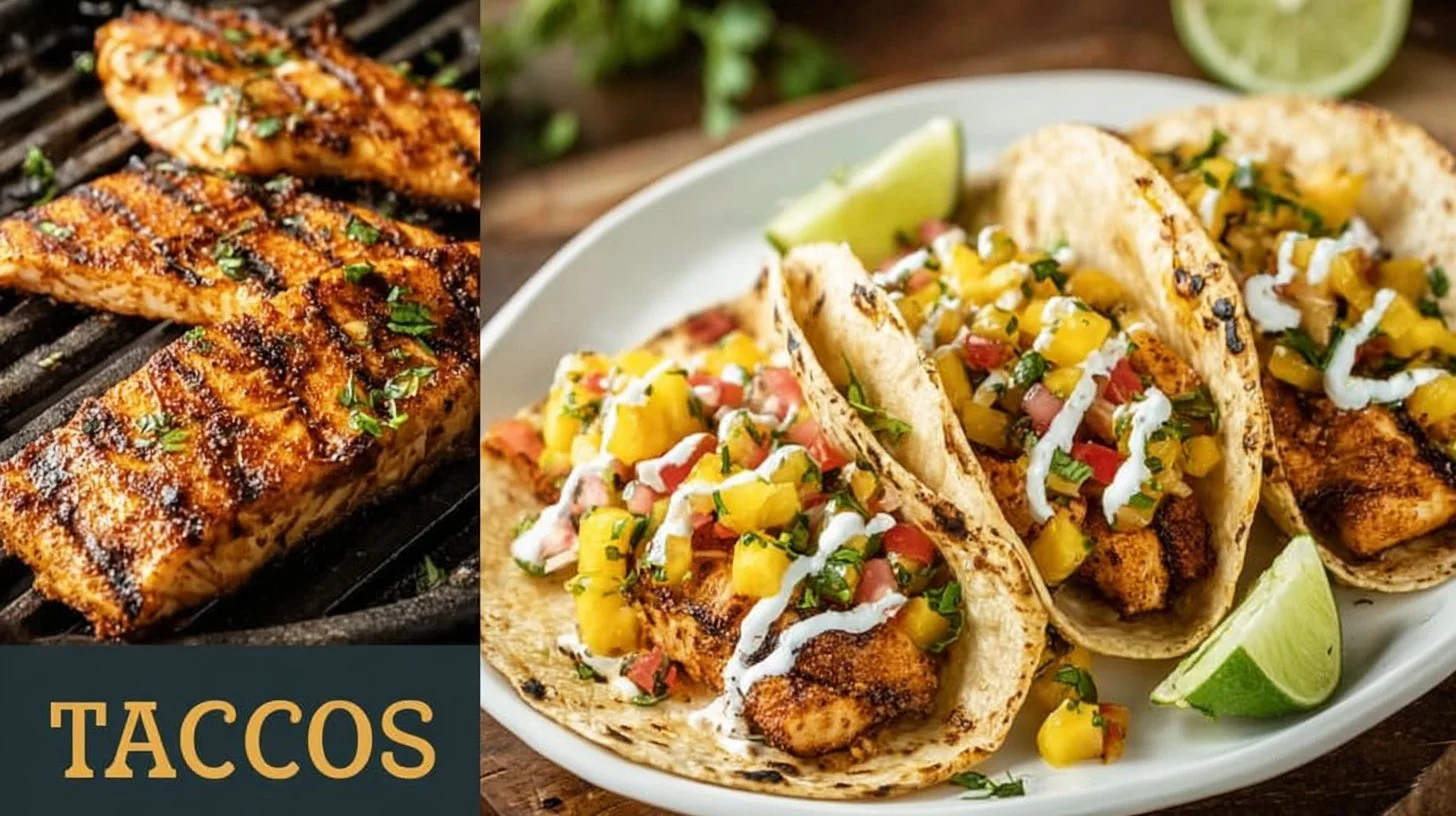 Delicious grilled fish tacos garnished with fresh vegetables and lime