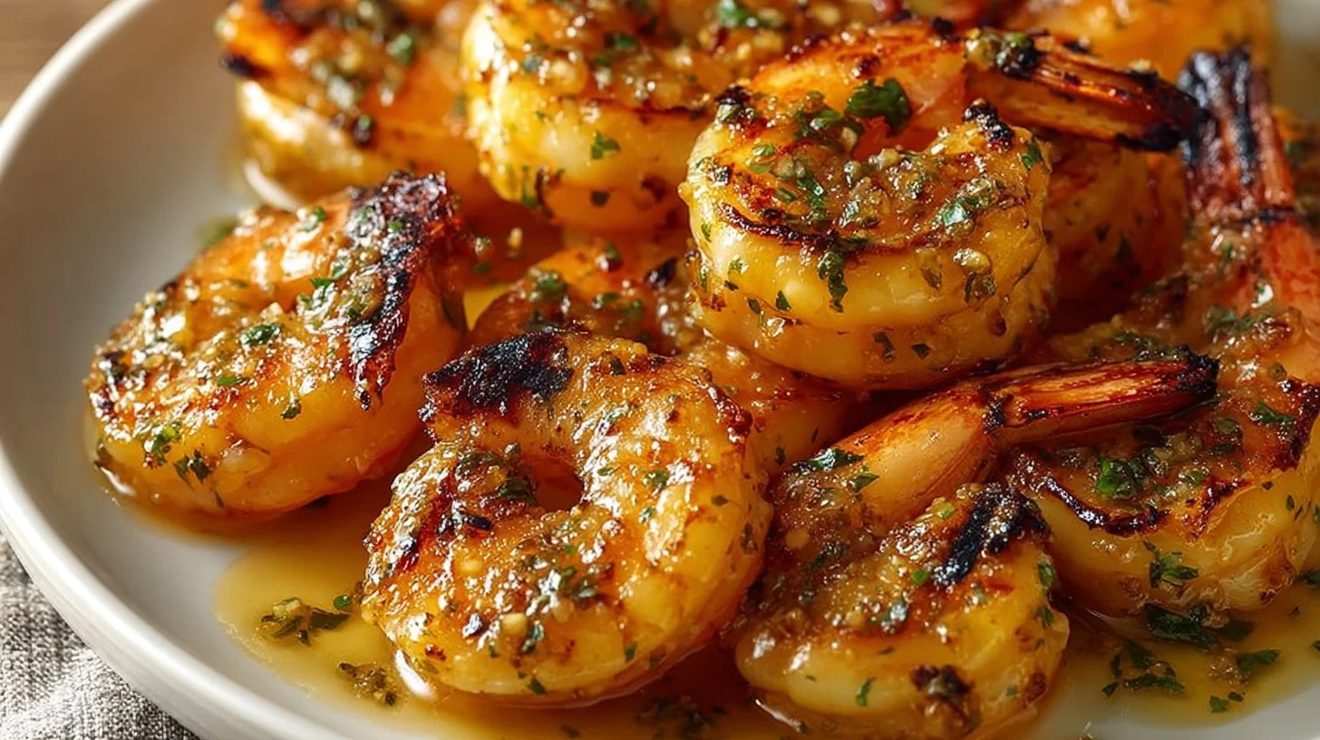 Grilled garlic butter shrimp served on a plate with herbs and lemon