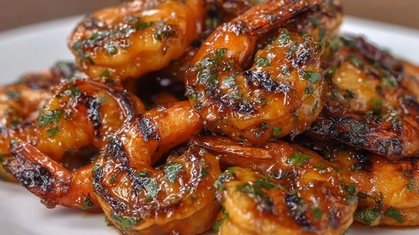 Delicious grilled jumbo shrimp on a platter with lemon and herbs.