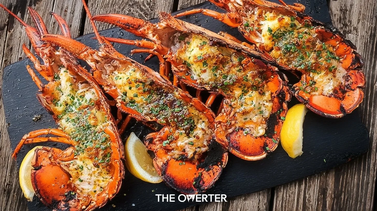 Beautifully grilled lobster on a plate with lemon and herbs