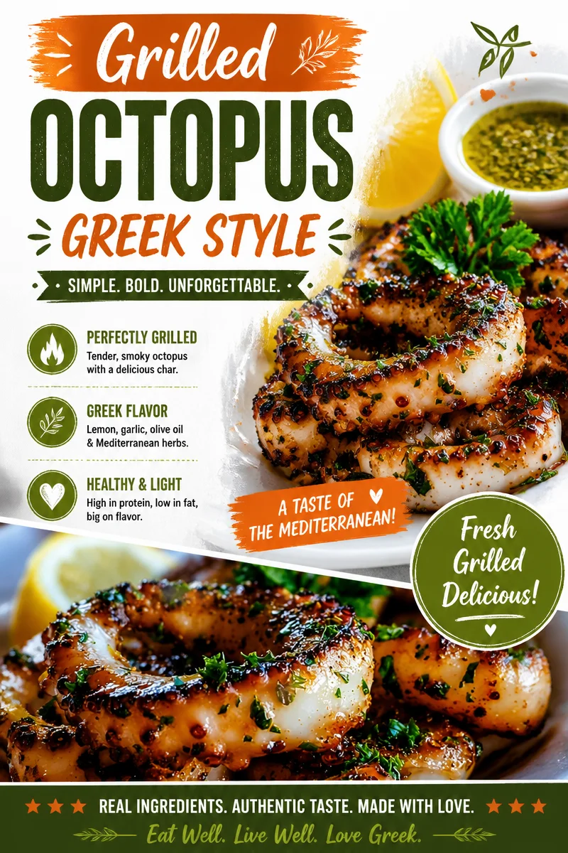 Grilled octopus Greek style served on a plate with garnishes.