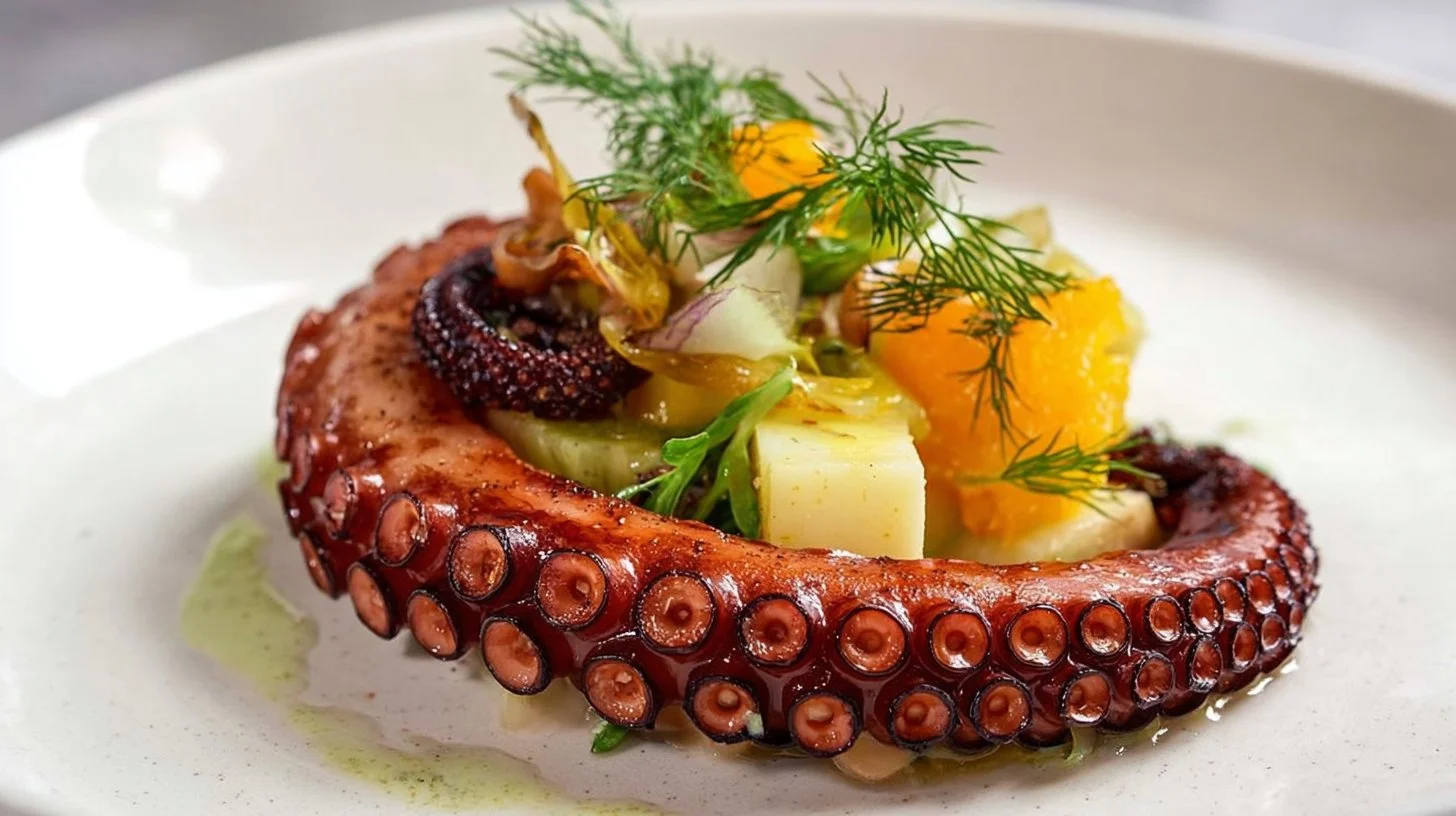 Delicious grilled octopus salad beautifully presented on a plate