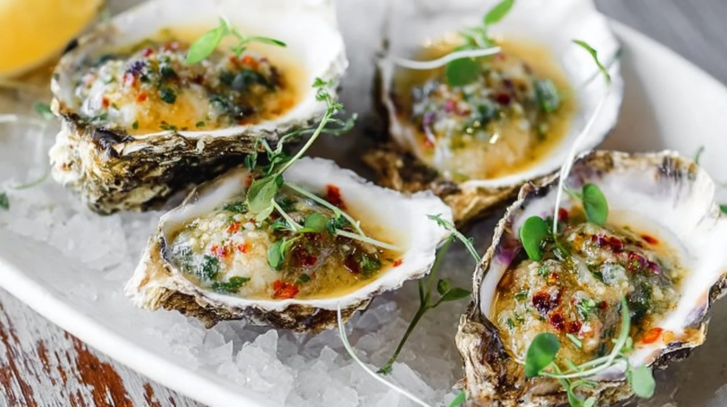 Delicious grilled oysters topped with garlic butter and herbs.