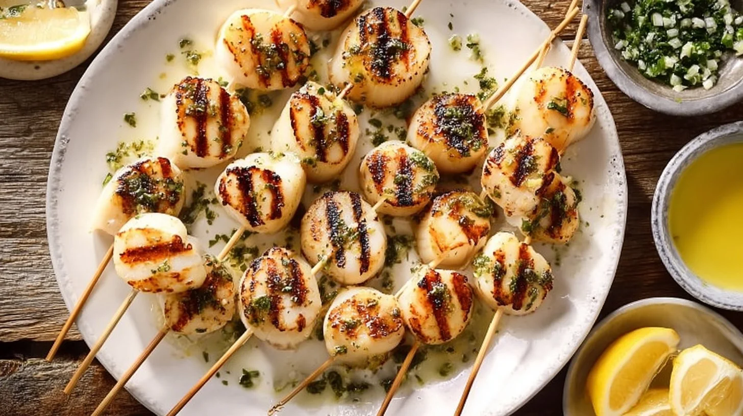 Delicious grilled scallops garnished with herbs and lemon, served on a plate.