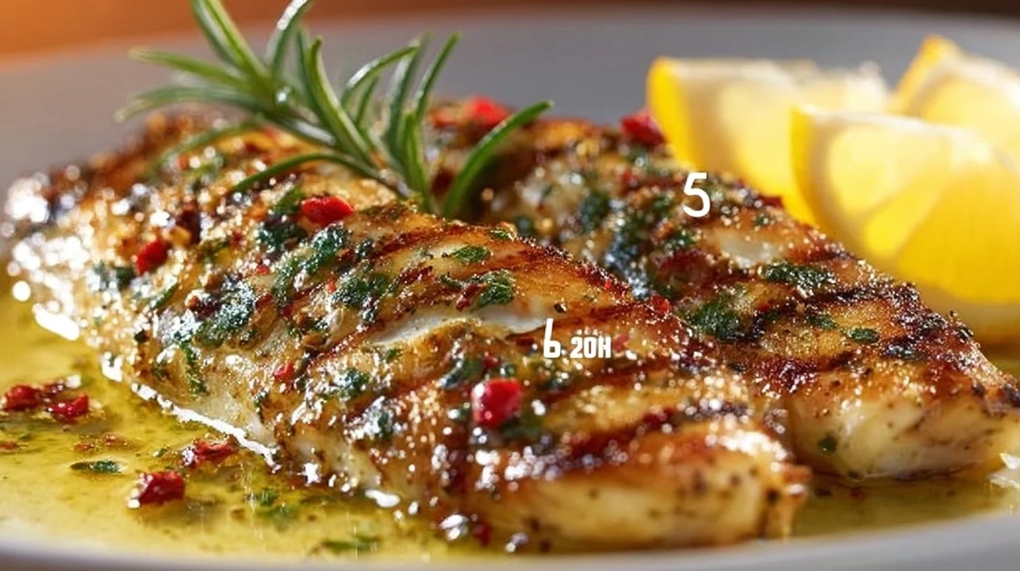 Grilled sea bass with garlic lemon butter on a plate, garnished with herbs