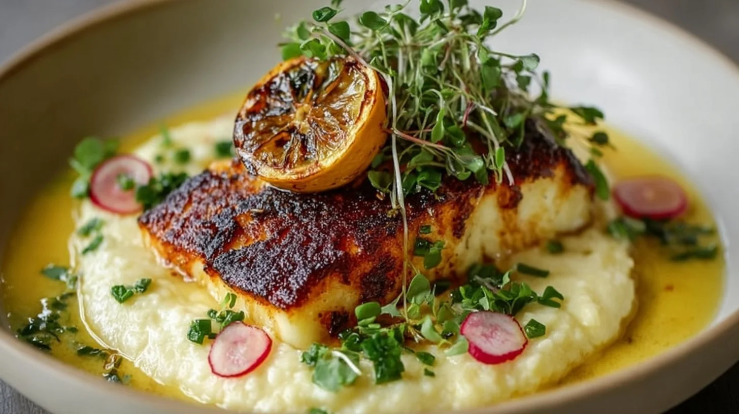 Plate of Grilled Sea Bass garnished with herb butter and fresh herbs