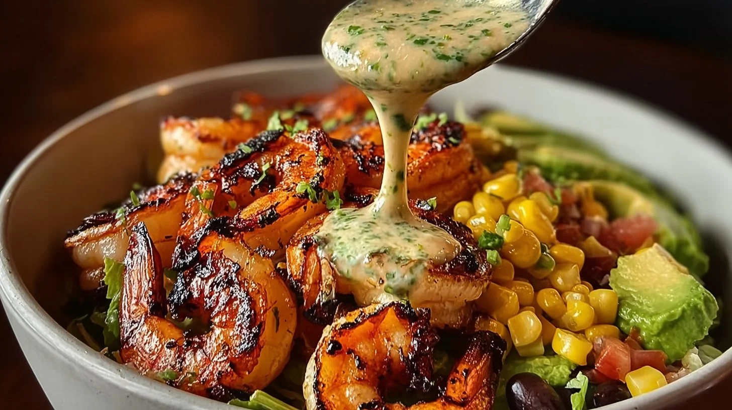 Delicious grilled shrimp bowl with avocado, corn salsa, and creamy garlic sauce