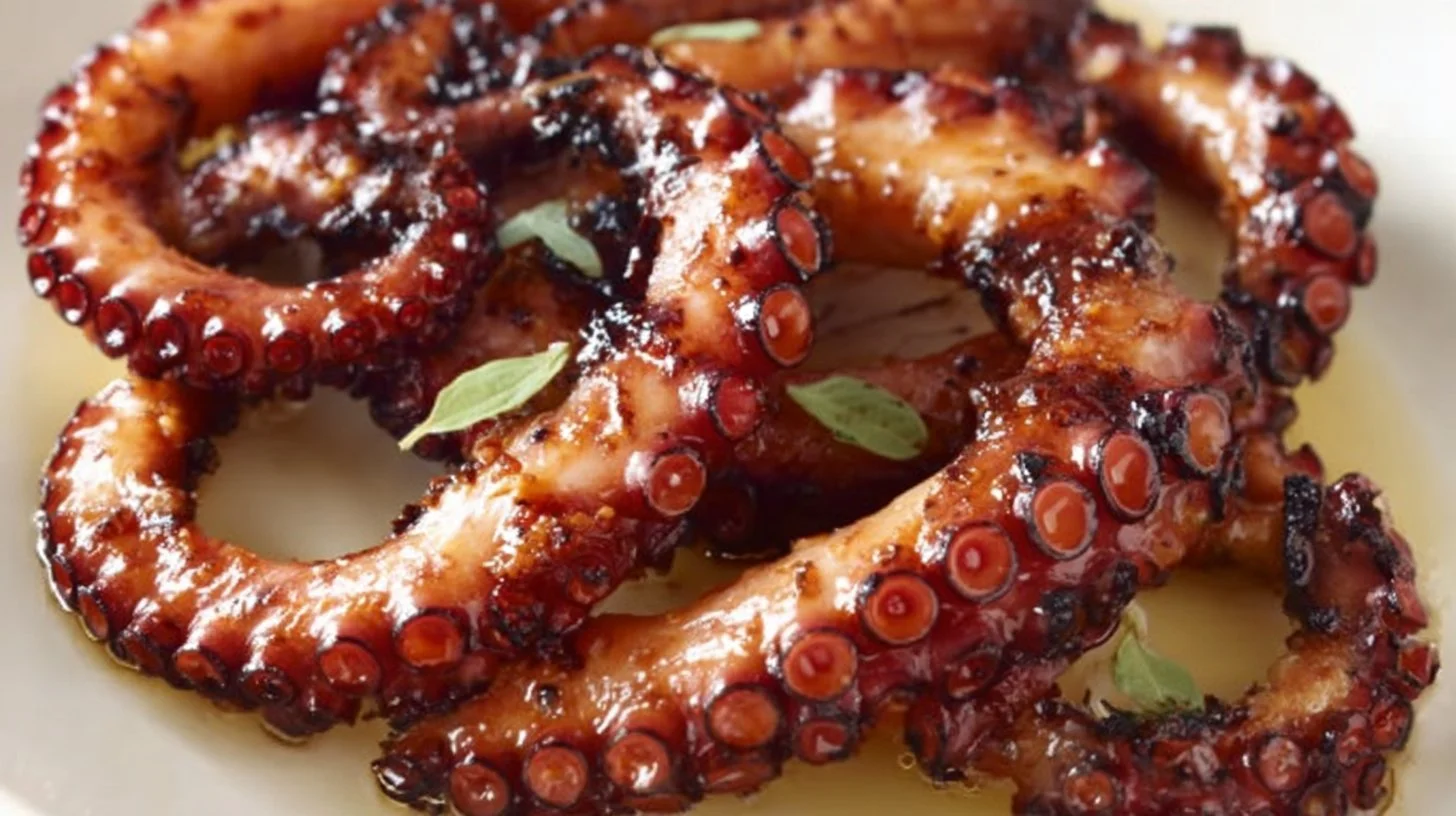 Delicious Italian-style grilled octopus served on a plate with herbs and lemon.