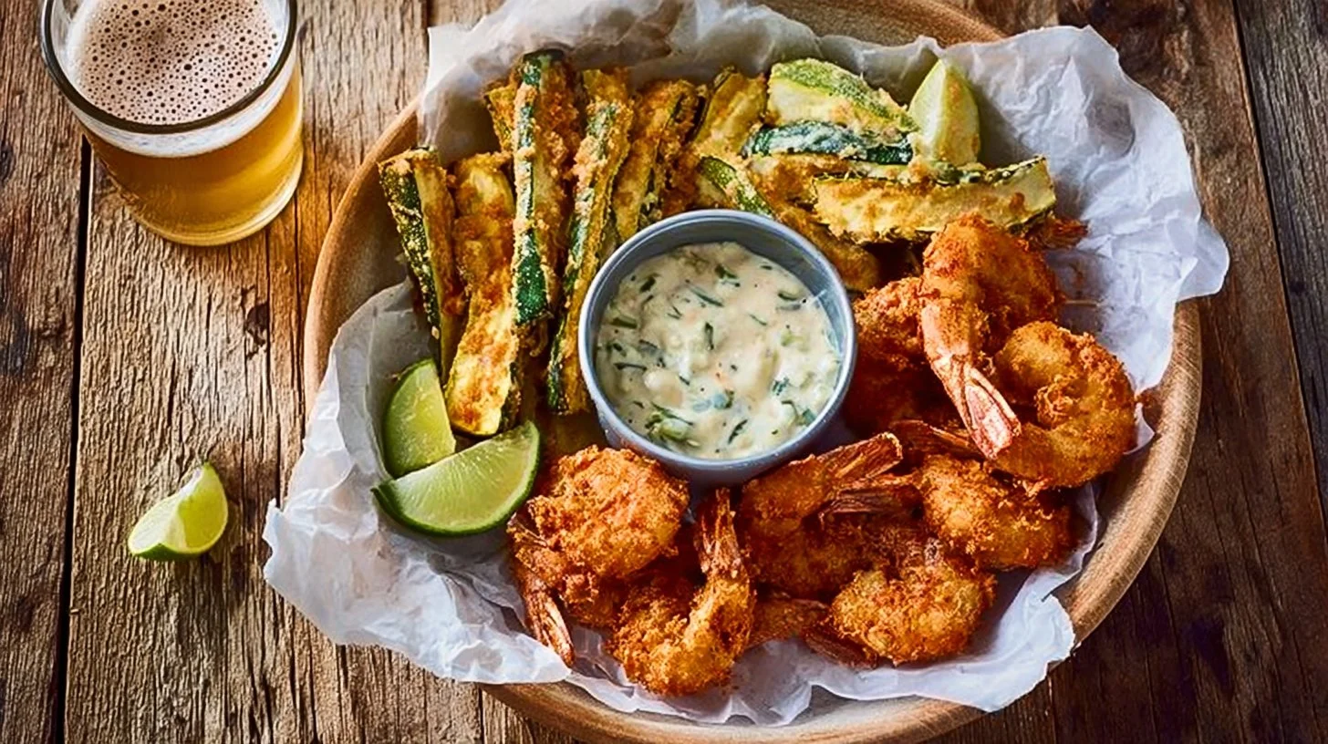 Crispy lobster goujons served with courgette fries on a plate.
