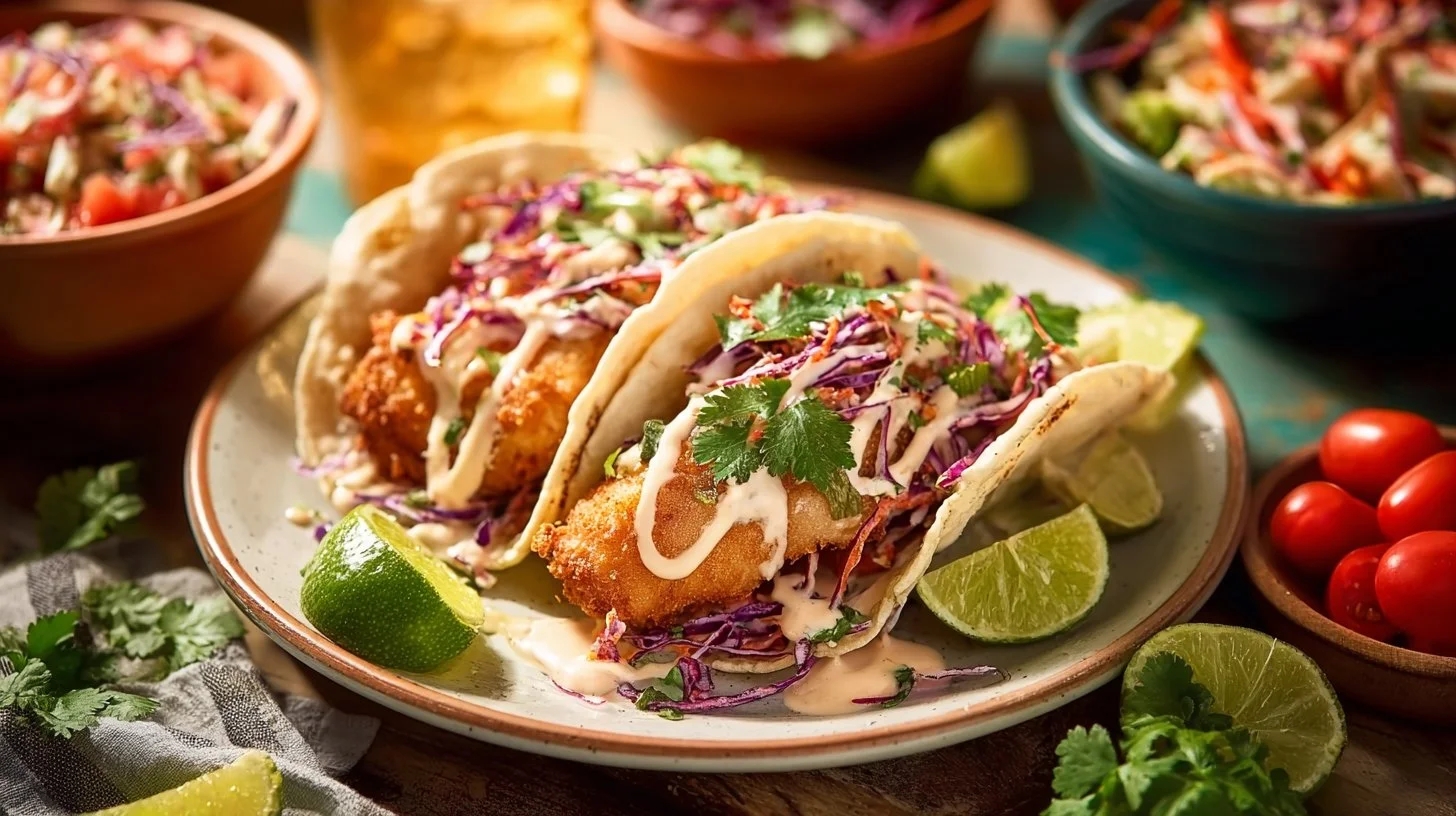 Health-conscious low fish tacos served with fresh toppings