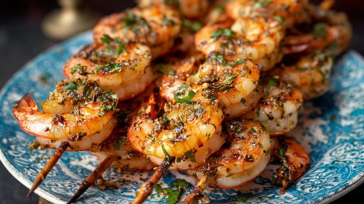 Mediterranean grilled shrimp kabobs on skewers served with vegetables