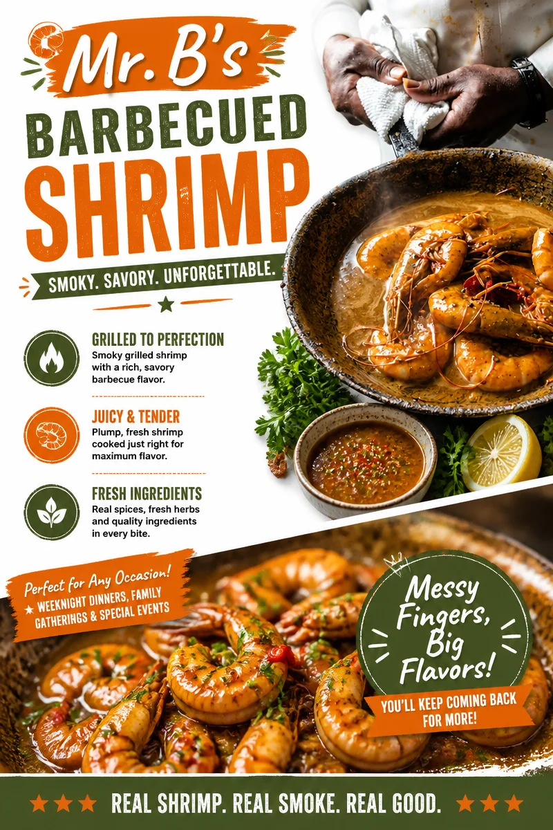 Delicious plate of Mr. B's Barbecued Shrimp served with spices and herbs.