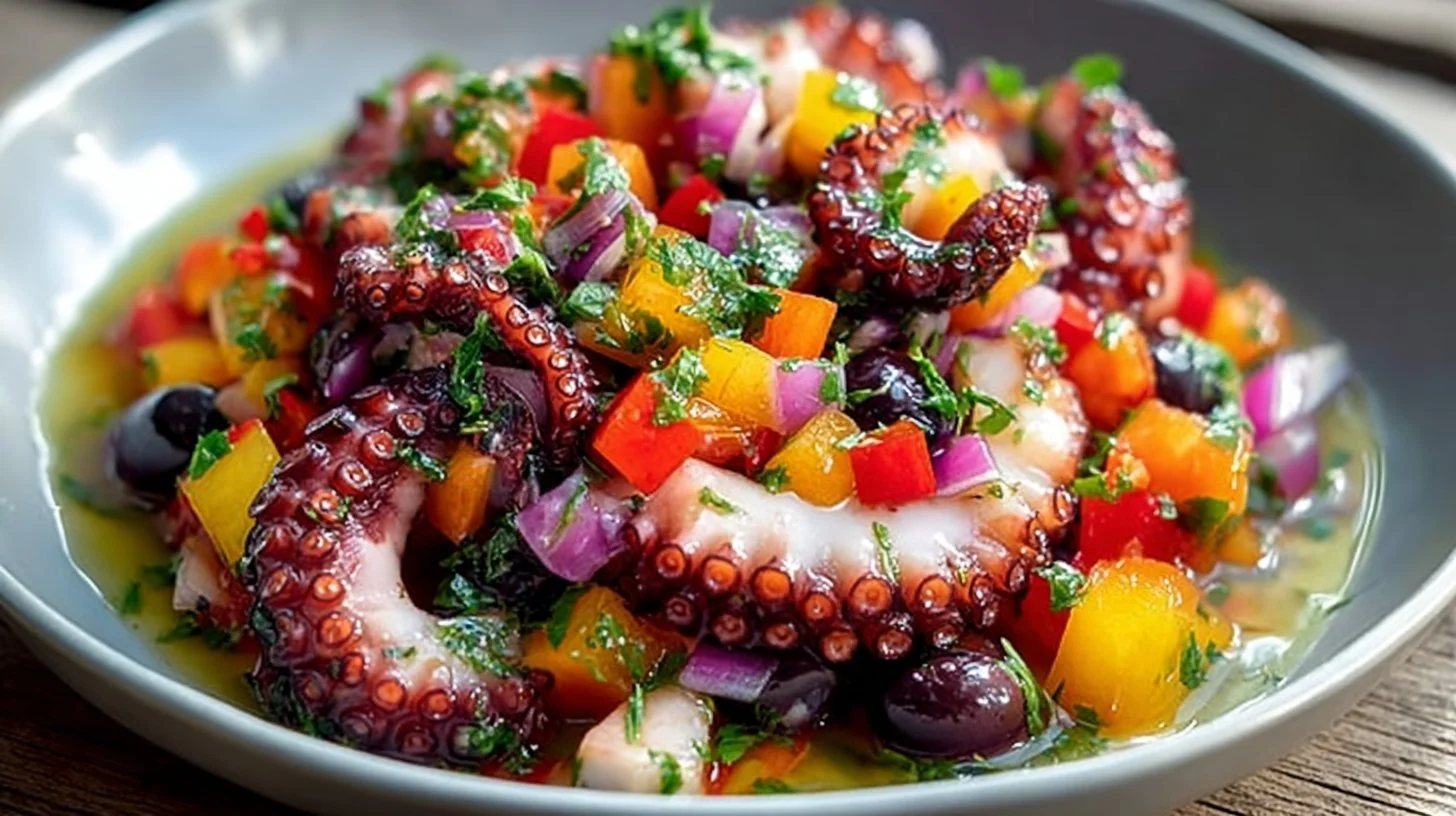Plate of fresh octopus salad with herbs and vegetables