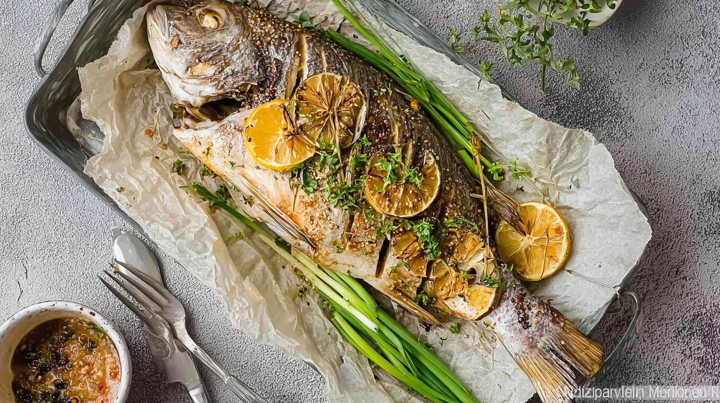 Oven grilled whole fish garnished with herbs and lemon on a serving plate.