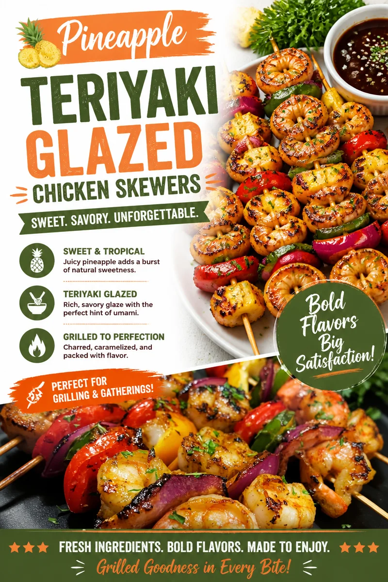 Pineapple teriyaki chicken skewers ready to be grilled and enjoyed.