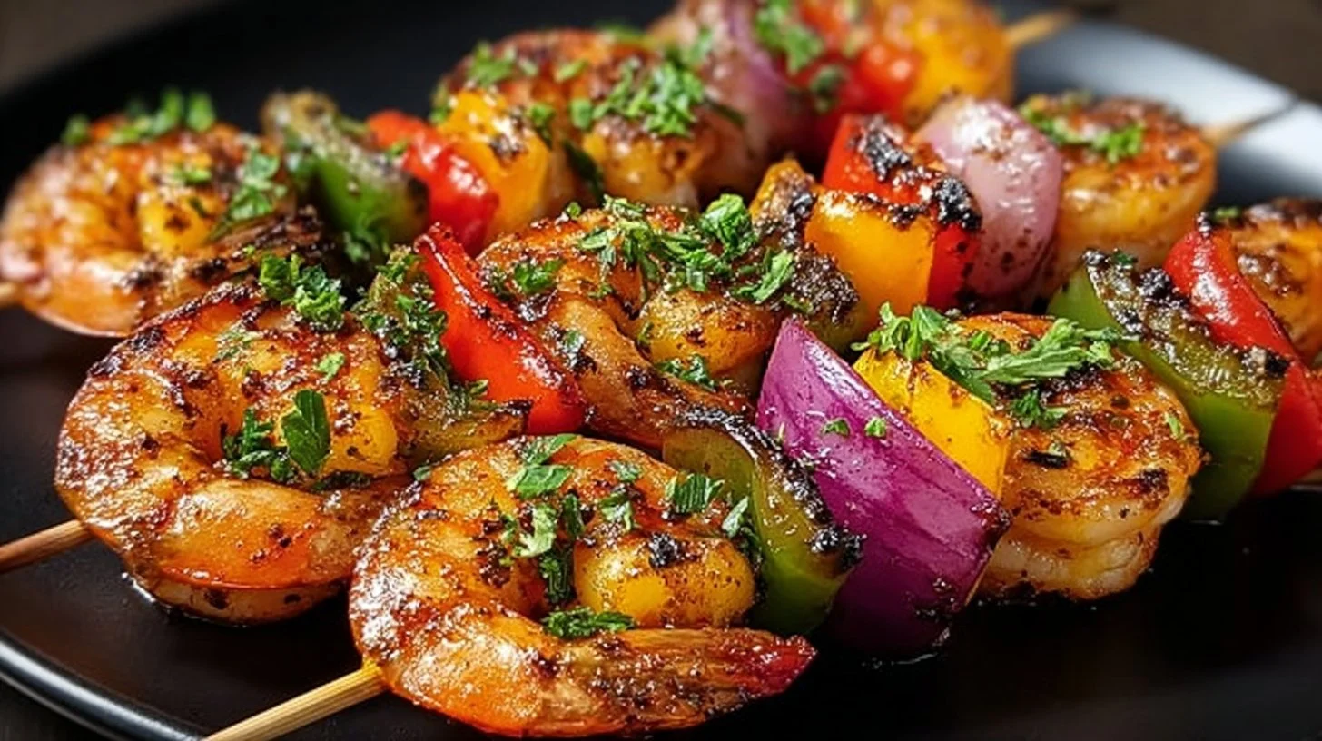 Pineapple and teriyaki glazed chicken skewers on a grill