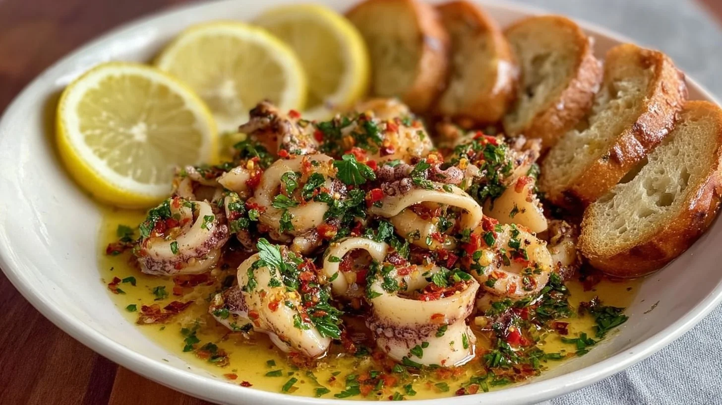 Poached calamari in garlic white wine broth served in a bowl