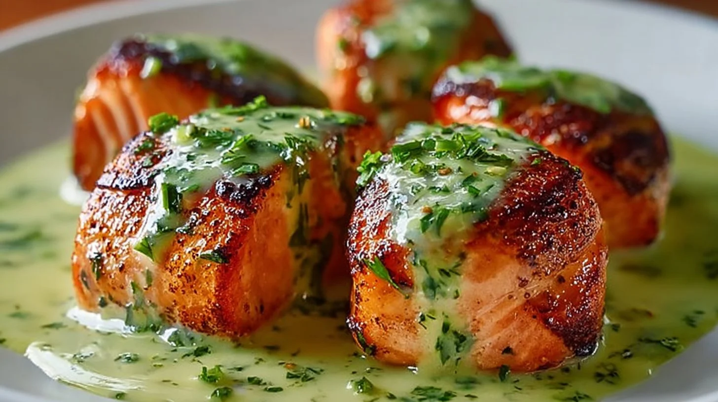 Salmon balls served with creamy avocado sauce on a plate