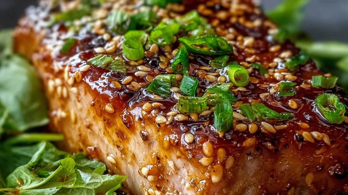 Sesame ginger grilled tuna steaks on a plate, garnished with sesame seeds.
