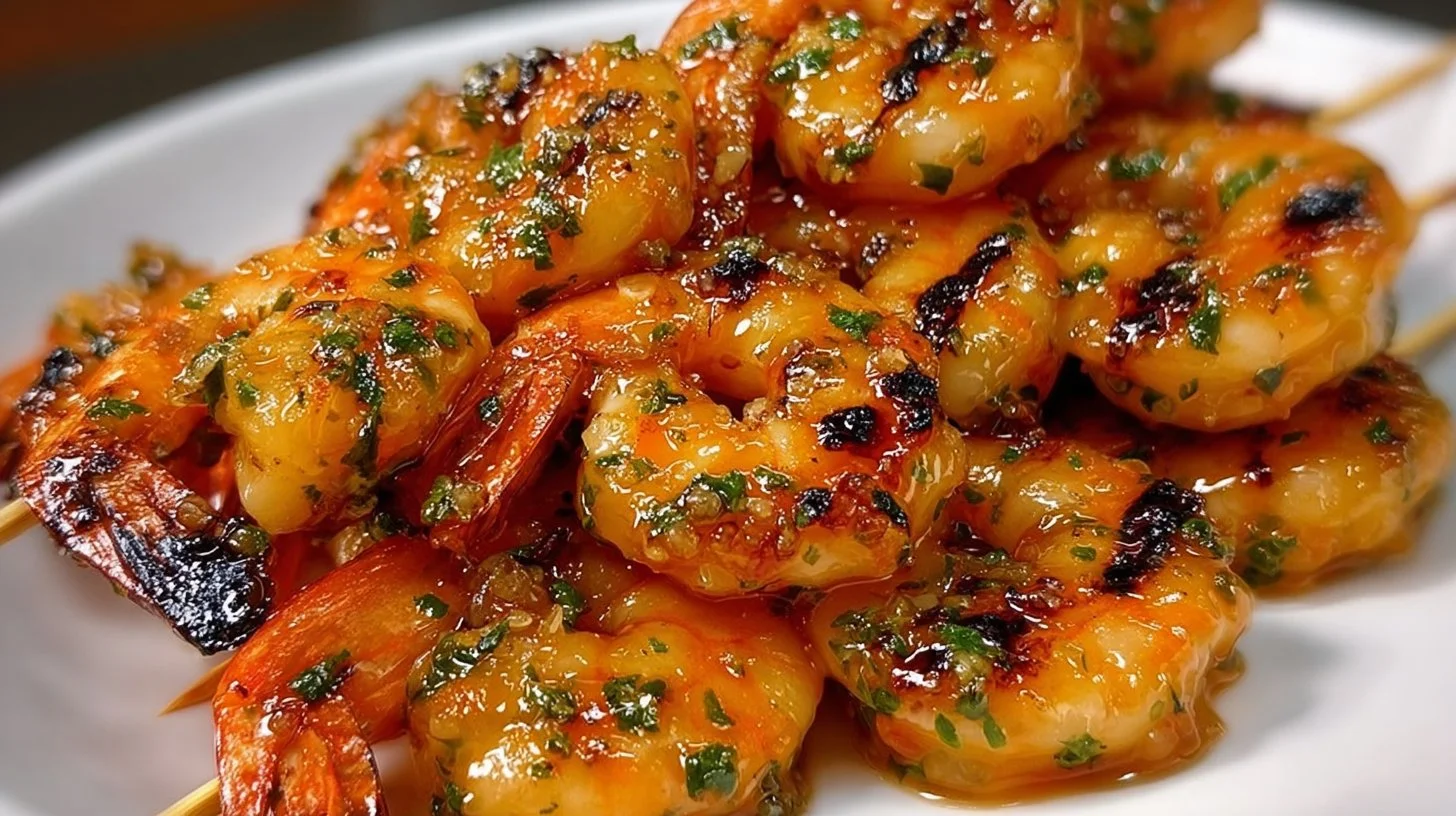 Delicious grilled shrimp served on a platter with spices and herbs.