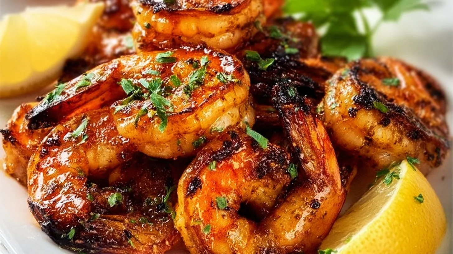 Delicious grilled shrimp served with crab on a colorful plate.