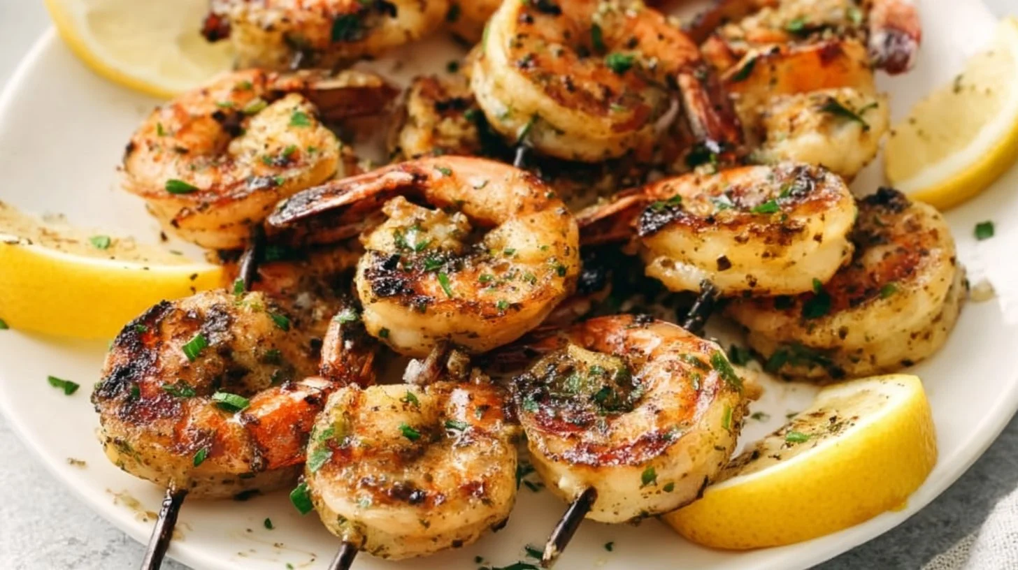 Delicious grilled shrimp on a plate garnished with herbs and lemon wedges