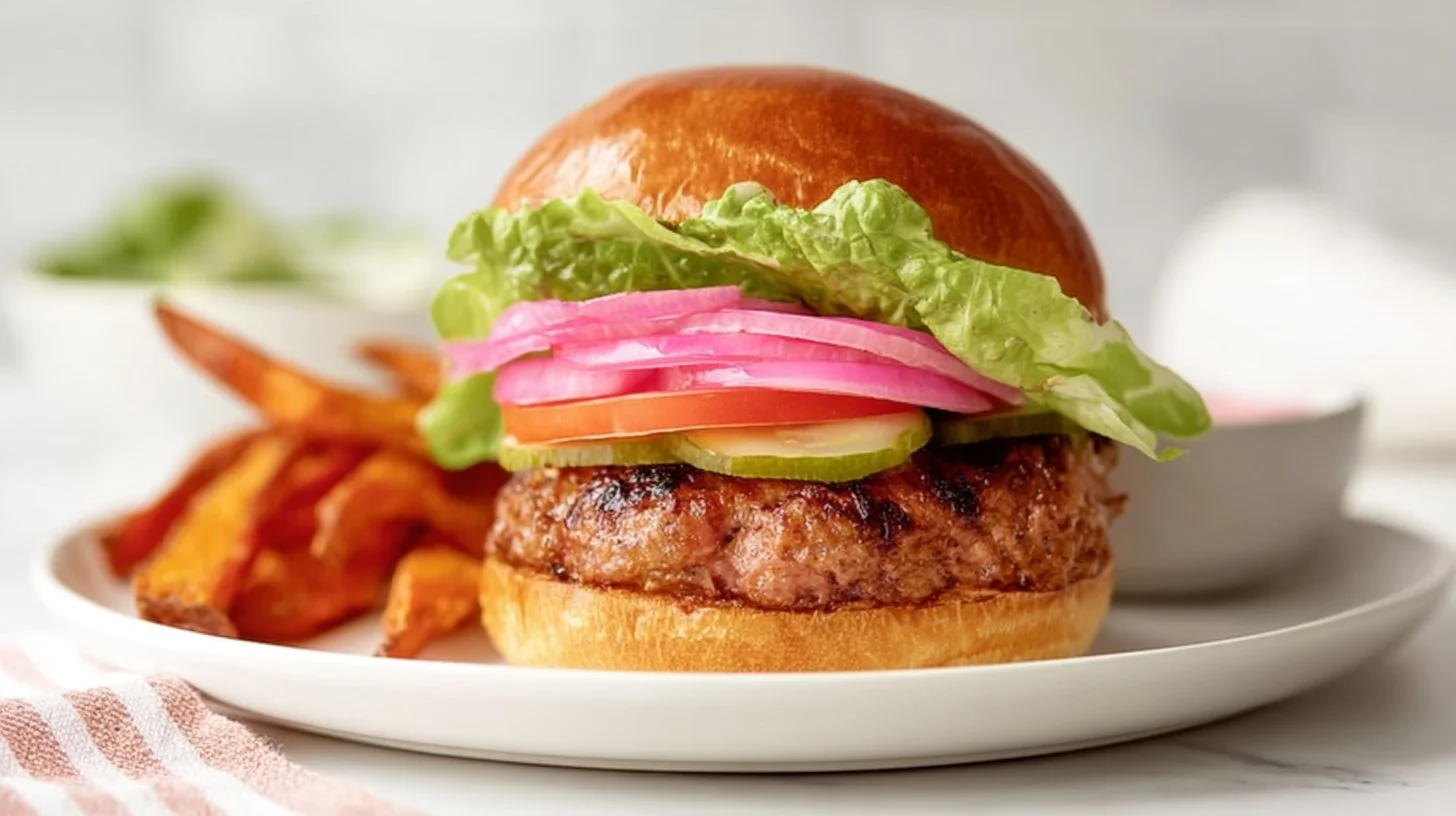 Homemade turkey burger patties cooked on a grill with garnishes
