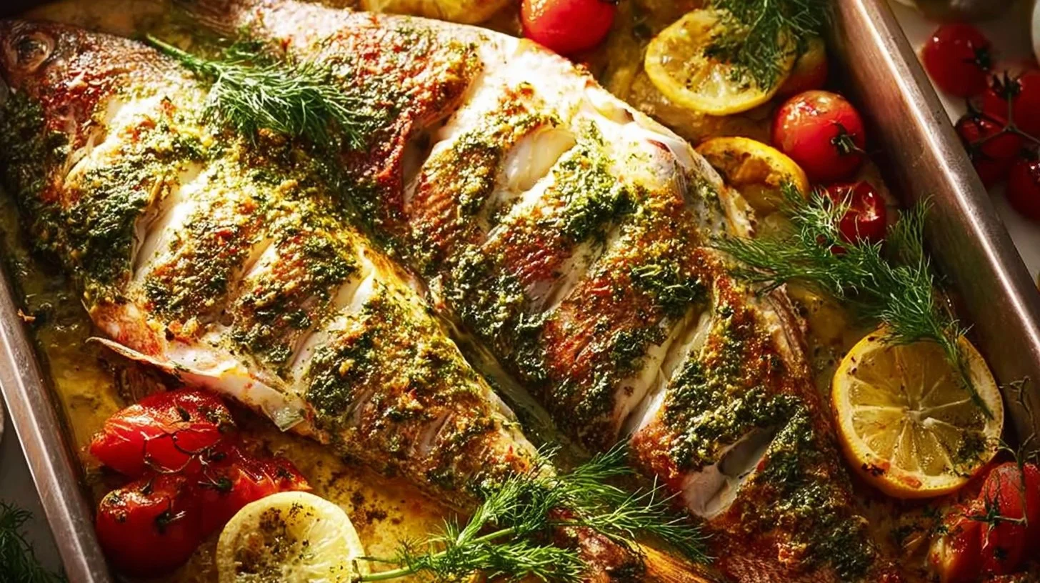 Whole baked fish garnished with herbs and lemon on a platter.