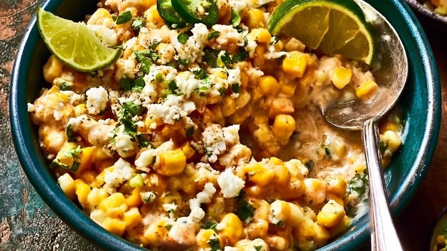 Delicious Mexican street corn served with creamy topping and spices.