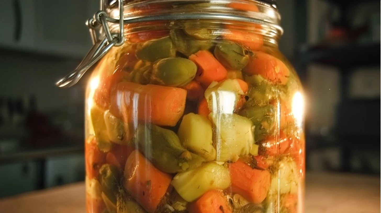Jars of Mexican style hot pickled carrots with fresh spices and vegetables