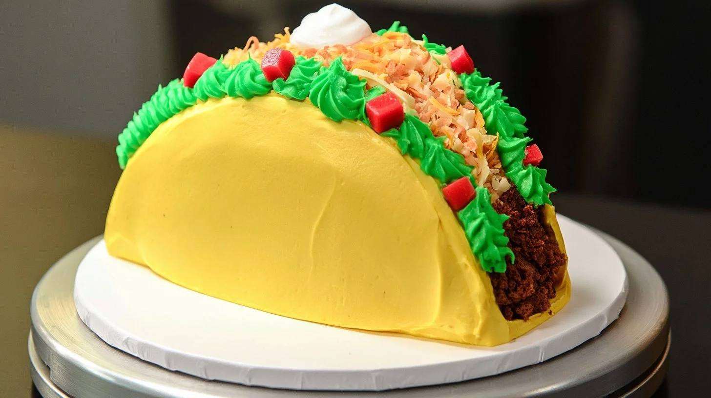 A colorful taco cake decorated with toppings and designed for a fun taco party.